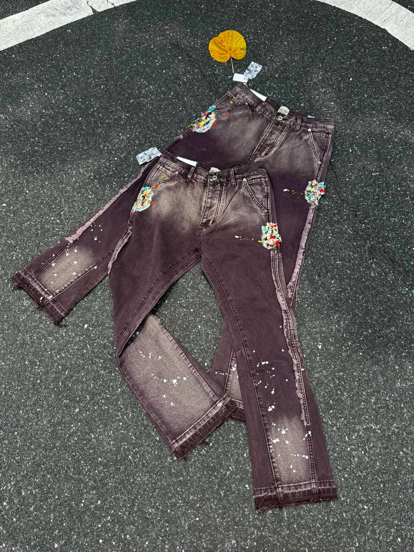 P250💰G90 Top GALLERY DEPT. Spliced ​​logging splash ink denim bell-bottom pants washed and distressed spliced ​​jeans bootcut jeans for men and women - code number: 28 30 32 34 36